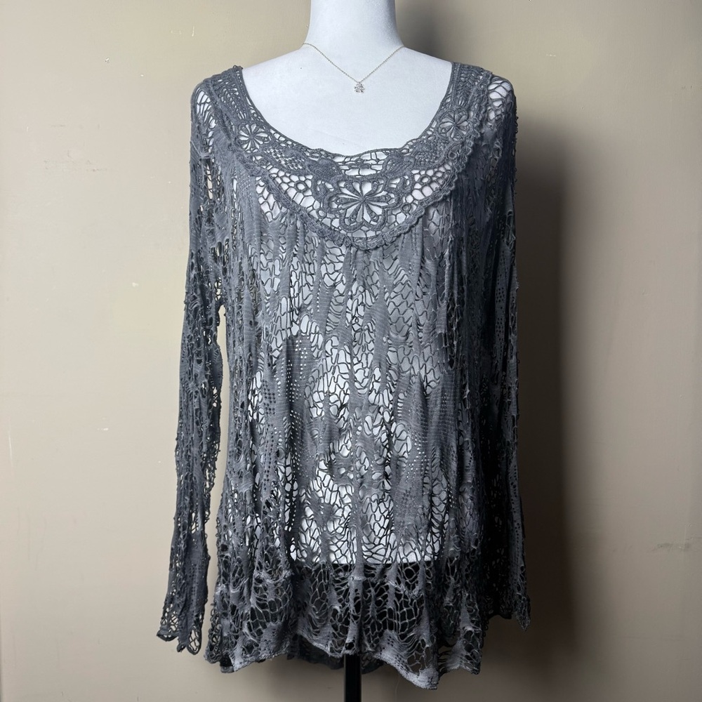 Boho Crochet Lace Tunic Top |‎ Sheer Long Sleeve | Made in Italy